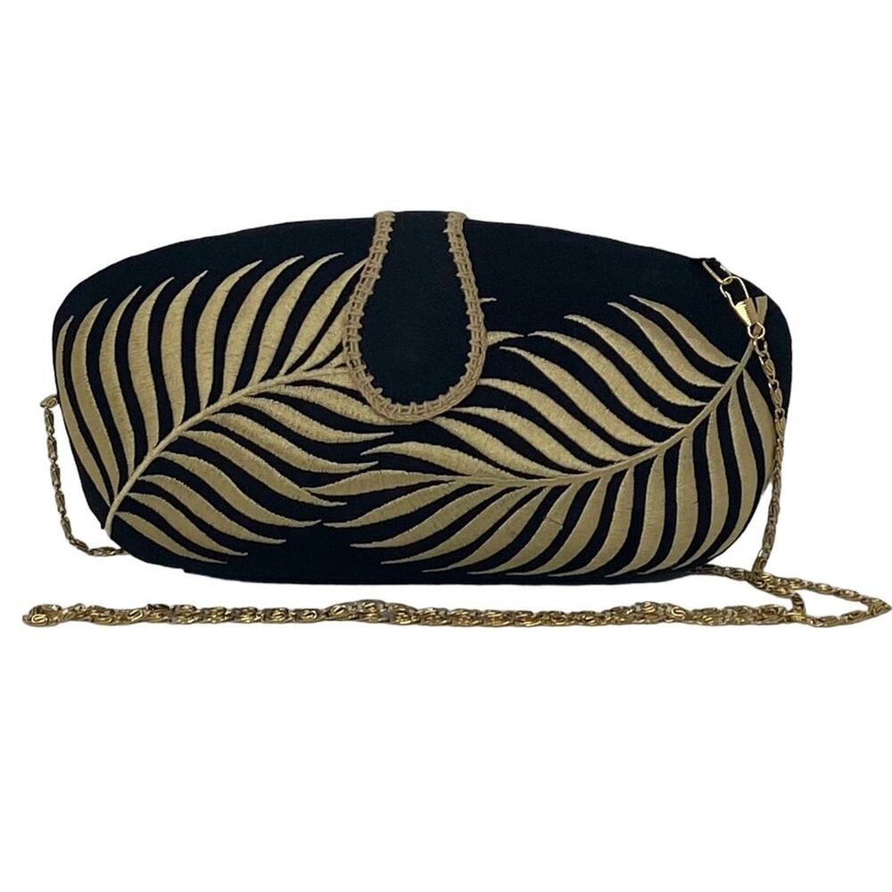 Black & Gold Hard Shell Embroidered Shoulder Bag Cross Body Purse & Chain Strap